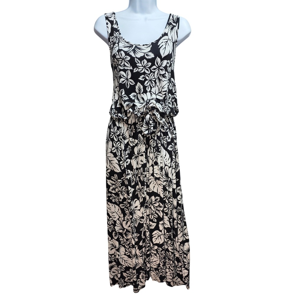 Michael Kors Black White Tropical Floral Sleeveless Maxi Dress Large Blouson Tie